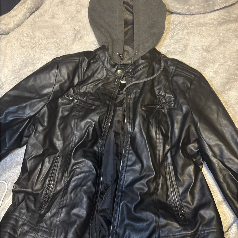 Maralyn & Me Black Faux Leather Jacket with Gray Hood
